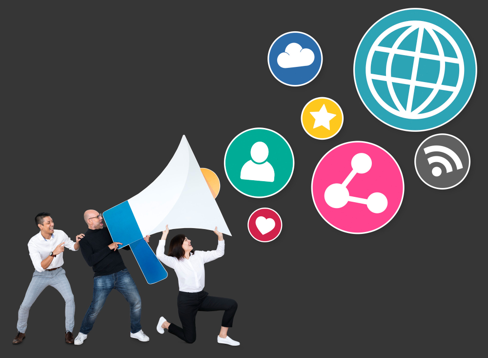 people with megaphone social media marketing icons