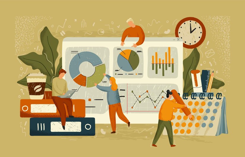 business team work with dashboard concept vector illustration hand drawn data analytics posters people work with data graph finance reports business office design 453374 11