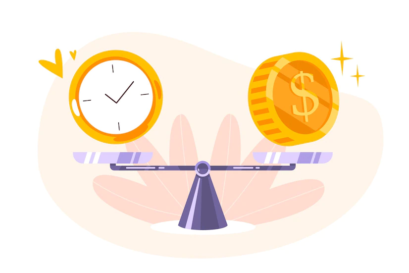 time is money balance scale icon concept time management economy investment comparison work value financial profit vector flat illustration coins cash watch seesaw 88138 532